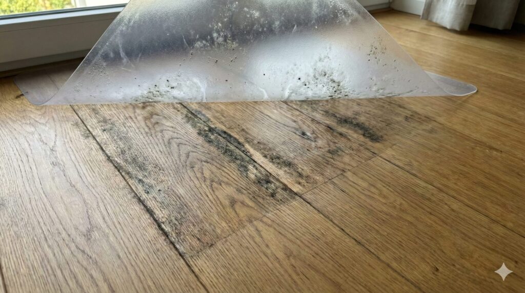 透明チェアマットを剥がした後のフローリングの拡大写真。マットが敷かれていた場所の床板の継ぎ目や木目に沿って、湿気による黒カビが点々と発生し、変色している様子。