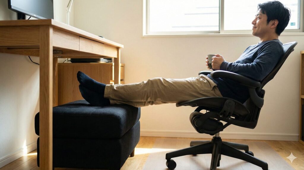 椅子の上であぐらをかく代わりに、オットマン(フットレスト)を使用して足を伸ばしリラックスする推奨スタイル