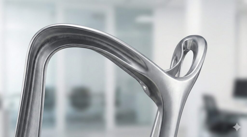 バロンチェアの背もたれフレームのクローズアップ。汎用ヘッドレストの取り付けを困難にする、独特な流線型のアルミダイキャスト形状。