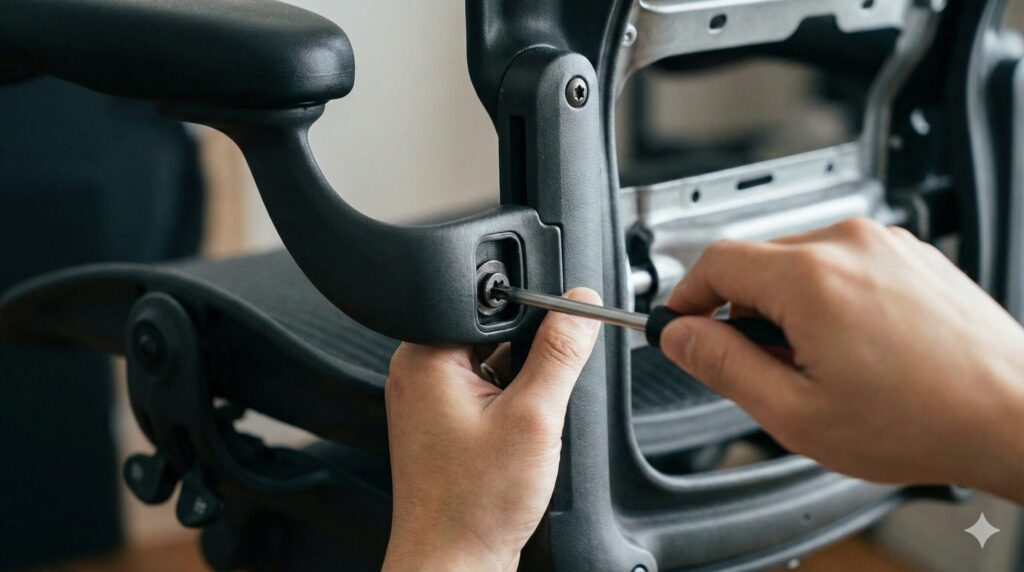 アーロンチェアの背もたれを外し、内部にある調整用のトルクスボルトをドライバーで精密に締め付けている手元のクローズアップ。