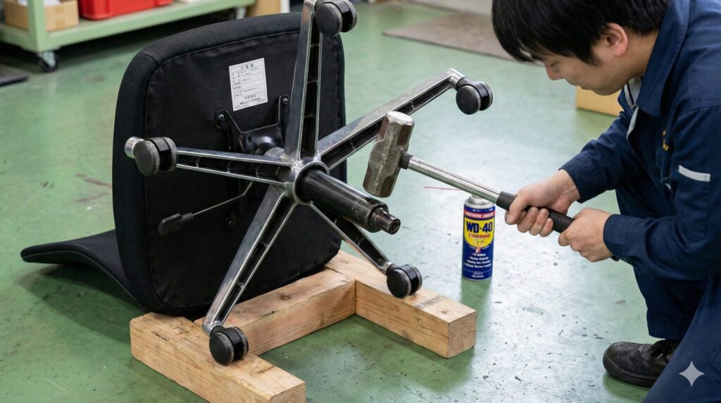 オフィスチェアの脚部側からガスシリンダーを外すため、金属製ハンマーでシリンダーの底面を力強く叩き出そうとしている様子。脚部は木材で固定され、傍らには潤滑剤のスプレー缶が置かれている実践的な作業風景。