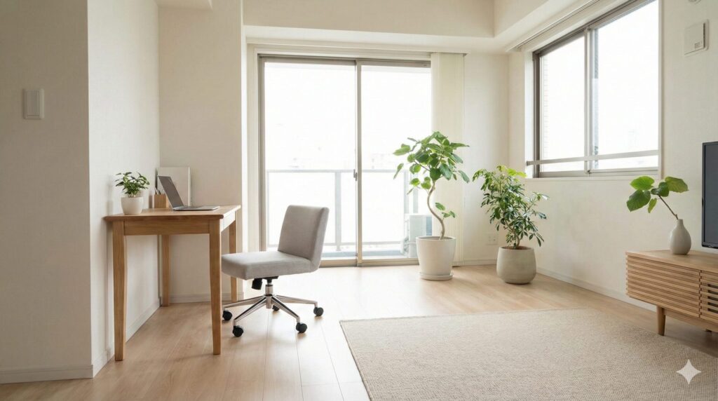 ローバックのオフィスチェアを配置した開放感のある日本のリビングワークスペース
