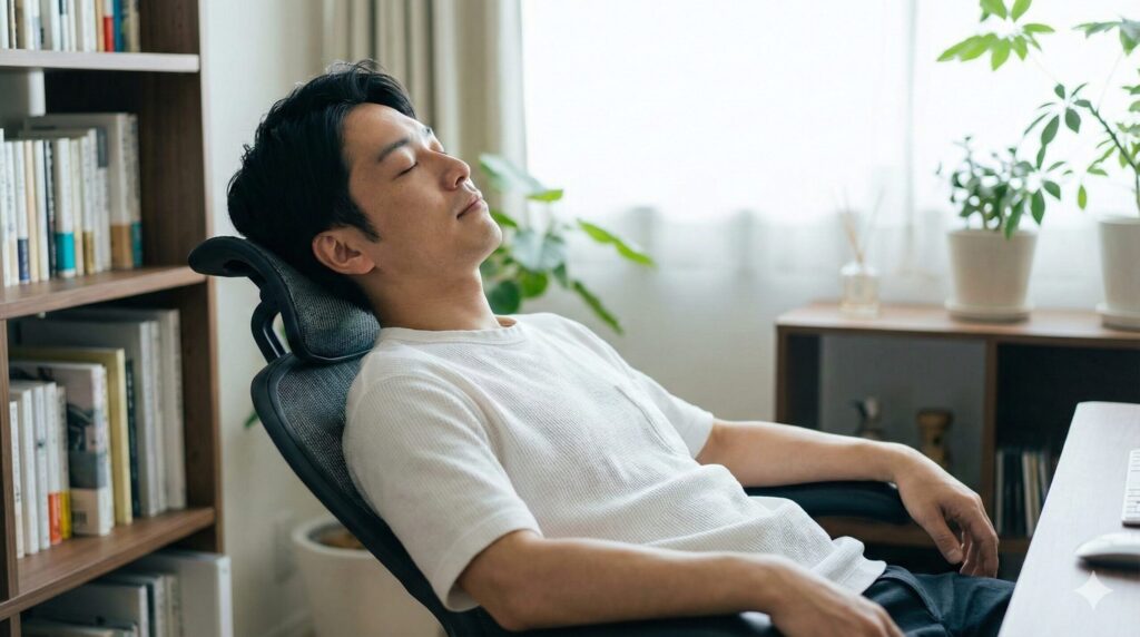 ヘッドレストを装着したアーロンチェアで首をしっかり支えながら快適に仮眠をとる様子。