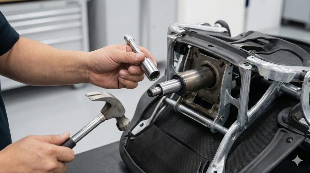 高級オフィスチェアの座面裏側にあるガスシリンダーの先端に、金属製のディープソケットをあてがい、ハンマーで叩いて外そうとする「ソケットハンマー法」の作業手順を示す様子。