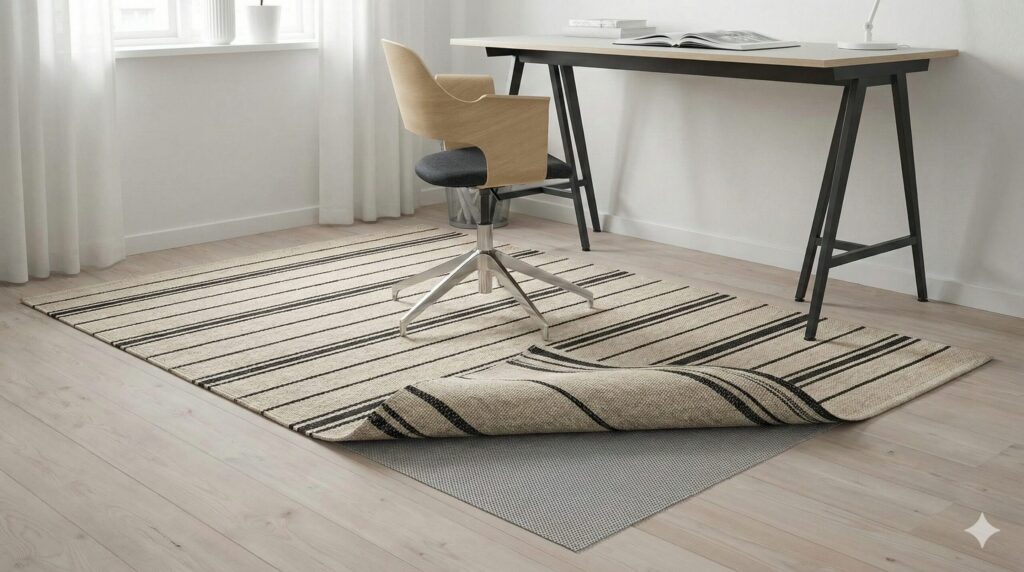北欧風の書斎で、IKEAの平織りラグの下に専用の滑り止めシートを併用して敷いている様子。ラグの端がめくれて下のメッシュ状のシートが見えている。