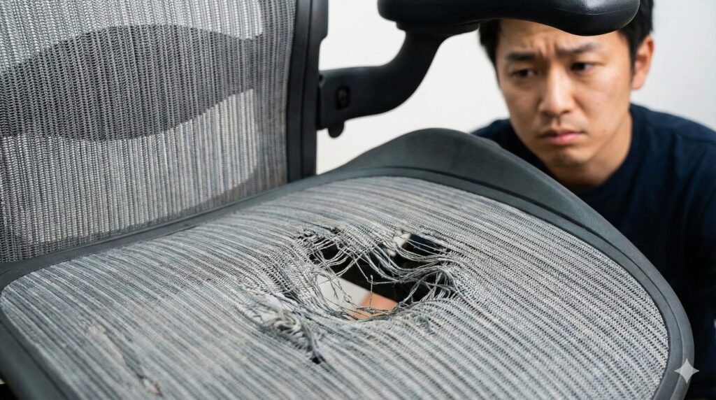 アーロンチェアであぐらをかき続けることでメッシュ座面が伸びたり破損したりするリスクのイメージ