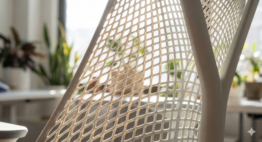 セイルチェアの特徴的な網目状の背面（エラストマー素材）のクローズアップ。光が透過しており、通気性が高く蒸れにくい構造であることを示すイメージ。