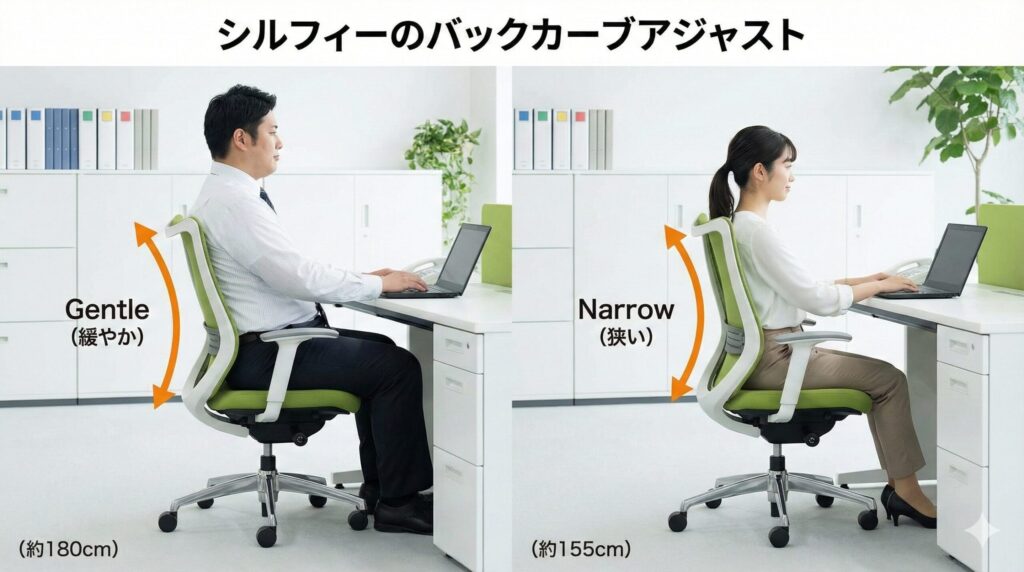 オカムラ シルフィーのバックカーブアジャスト機能を説明する比較写真。左側は身長約180cmの大柄な男性がカーブを「Gentle (緩やか)」にして座り、右側は身長約155cmの小柄な女性がカーブを「Narrow (狭い)」にして包み込まれるように座っている様子を、矢印とテキストで分かりやすく示している。