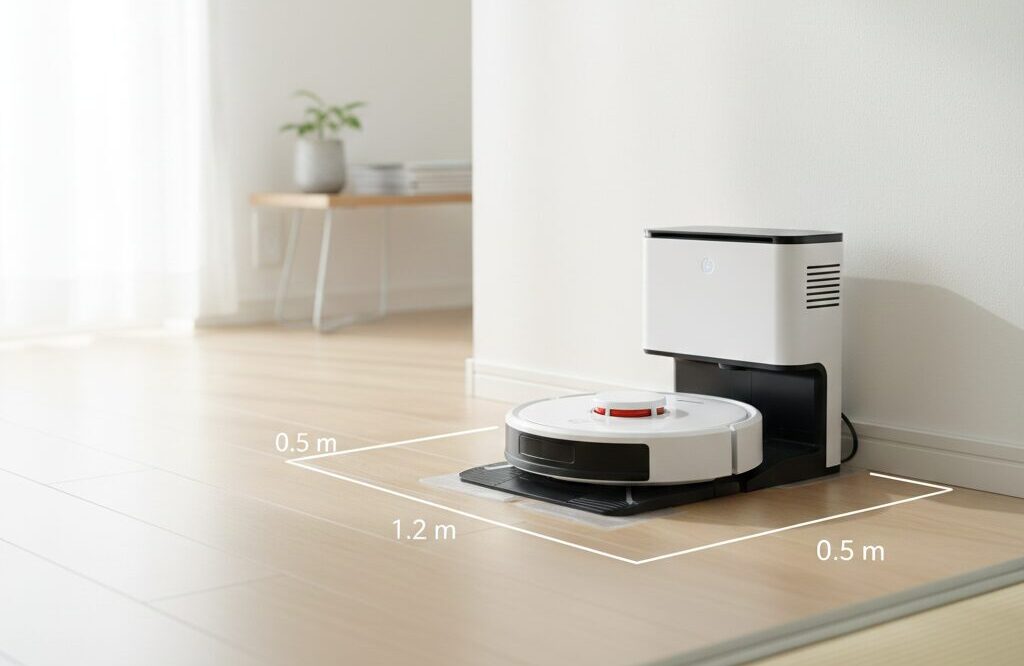 リビングの壁際に設置されたロボット掃除機のホームベース（充電ステーション）。左右と前方に十分なスペースが確保されており、床にしっかりと固定されている様子。清潔で整理された日本の住空間。