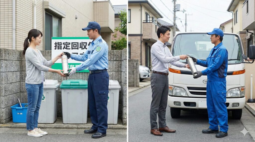 ガスシリンダーの適切な捨て方を2つのシナリオで示す写真。左は自治体の指定回収場所で係員に引き渡す様子(粗大ごみ等)、右は民間の不用品回収業者に依頼してトラックで回収してもらう様子(事業系は産廃)。