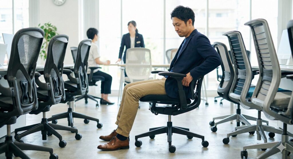 オフィスチェアのショールームで、靴を履いた状態で実際に椅子に座り、自分の身体に合うかどうかを真剣に確認している日本人男性。