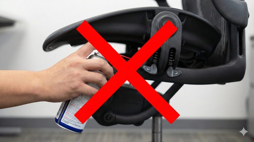 アーロンチェアのメカニズム部分に潤滑スプレーを吹きかけようとしている手に、赤い大きなバツ印が重ねられた画像。誤ったメンテナンス方法であることを示している。