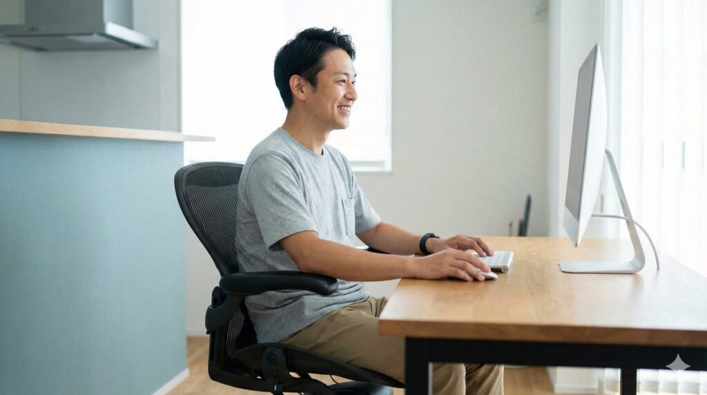 肘掛けの調整が完了し、正しい姿勢で快適にデスクワークを行う、笑顔の日本人男性の様子。