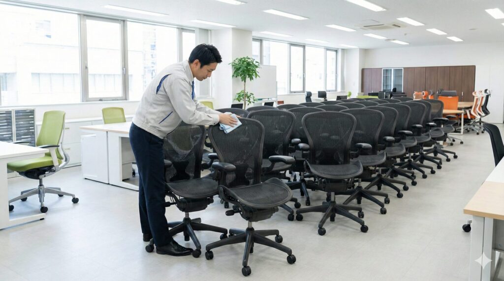 清潔な中古オフィス家具専門店で、日本人スタッフが整然と並べられたアーロンチェアを丁寧に清掃・点検している様子。信頼できる購入場所の例。