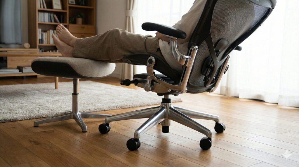 オットマン（足置き）を使用して足を上げ、全身の負荷を分散させてリラックスする後傾姿勢。