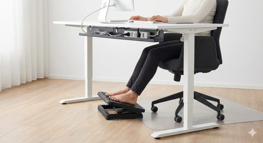 IKEAのケーブルオーガナイザー(SIGNUM)とフットレスト(DAGOTTO)を活用して、デスク下の足元を快適にした写真。ケーブル類がすっきりと収納され、足がフットレストに乗っている様子で、足元の快適性が向上していることを伝えています。