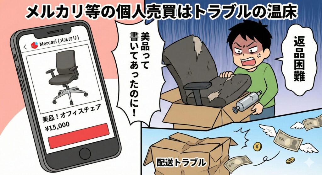 フリマアプリでの個人売買トラブルを描いたイメージ図。「美品」と書かれた商品ページに対し、実際に届いた壊れた椅子を見て怒る購入者の様子、配送トラブルや返品困難のテキスト、お金が飛んでいくイラストでリスクを表現。