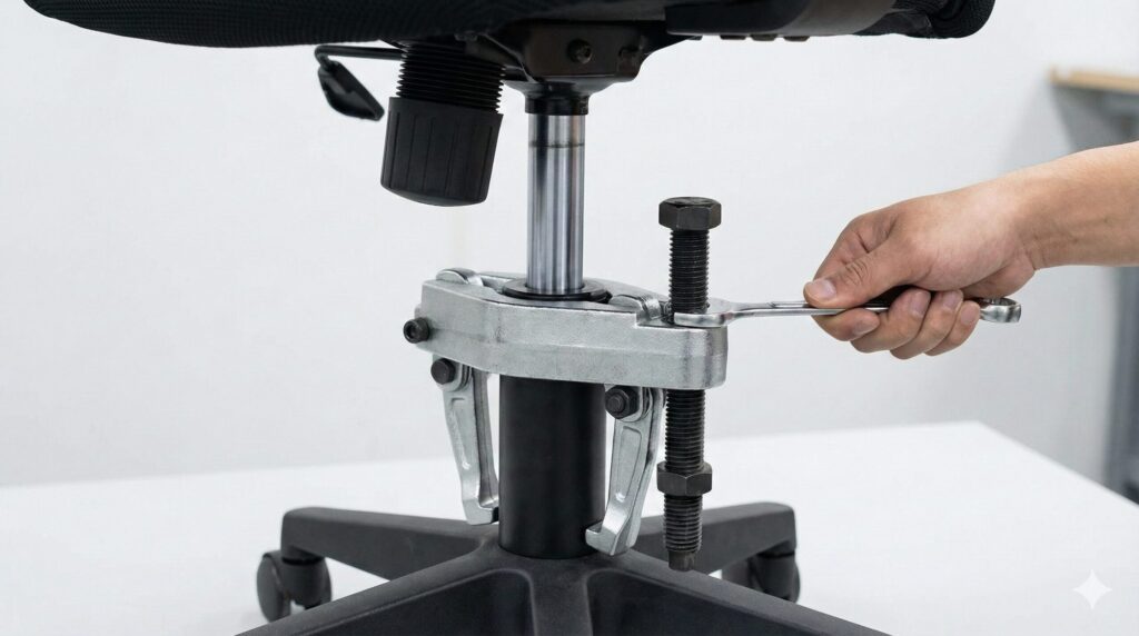 オフィスチェアのガスシリンダーに取り付けられた専用のプーラー型取り外し工具。レンチでボルトを締め込み、シリンダーを引き抜く仕組みが示されている。