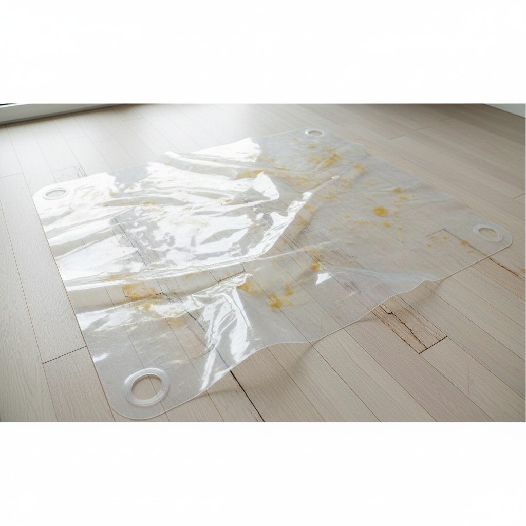 床暖房が設置されたフローリングの上に敷かれた透明チェアマットが、熱の影響で大きく波打ち、変形して平らではなくなっている様子。