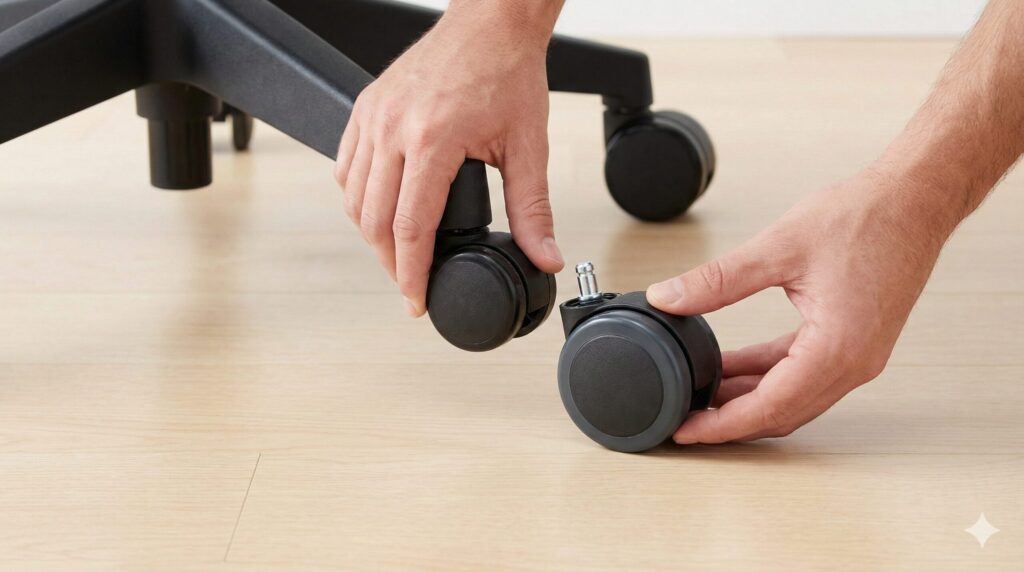 オフィスチェアの足元で、古いキャスターを引き抜き、新しいウレタンキャスターに交換しようとしている手元の様子。