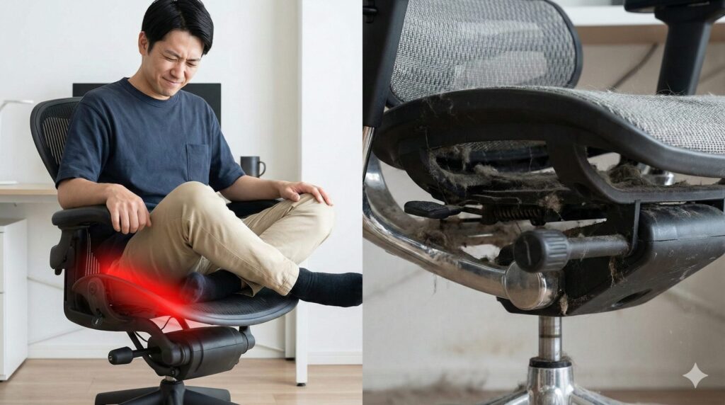 アーロンチェアの硬いフレームによる痛みと、エルゴヒューマンの複雑な構造への埃の蓄積を視覚化した画像。