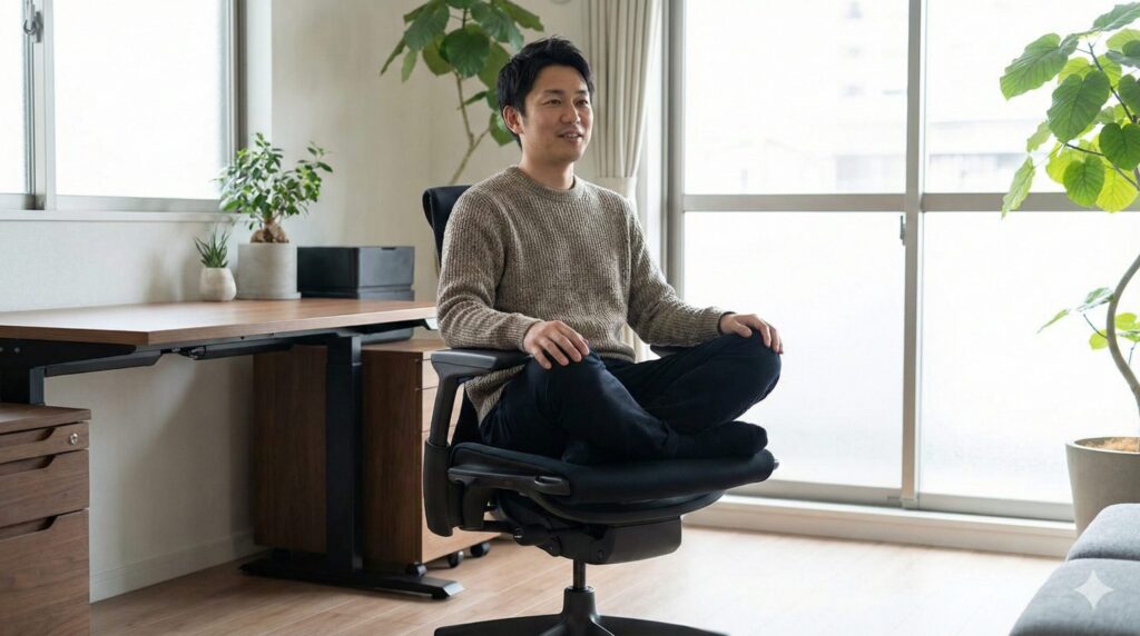 座面フレームがなくあぐらがかきやすいエンボディチェアと、リラックスして座るユーザーの様子