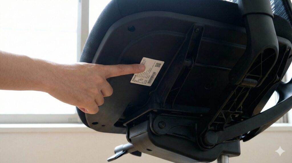 バロンチェアの品番とカラーコードを確認する方法。座面裏にある製品ラベルを指差して型番をチェックしている様子。