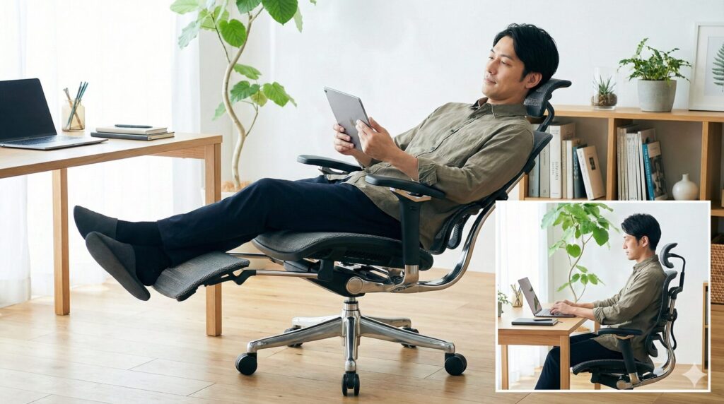 エルゴヒューマン PRO2チェアの多機能性を示すライフスタイル写真。メイン画像は内蔵オットマンを使いリラックスしてタブレットを見る男性、インセット画像は集中して仕事をする同じ男性の様子。独立式ランバーサポートも強調されている。