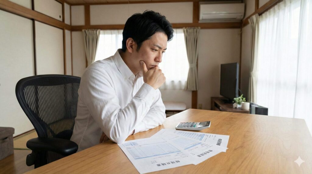 修理の見積書と電卓を前に、修理するか買い替えるかを真剣に悩んでいる男性。コストと愛着を天秤にかけて判断する様子。