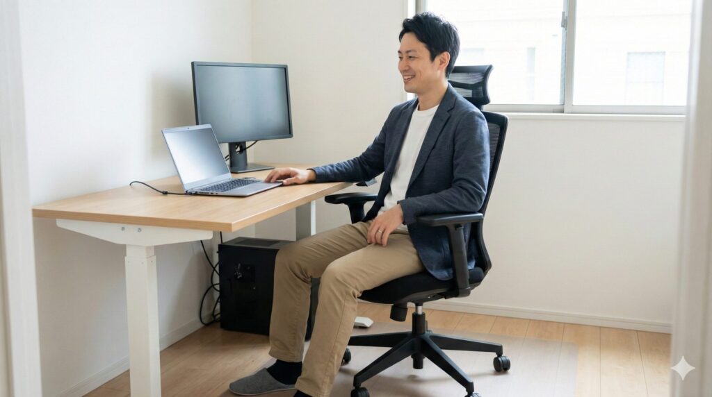 修理が完了し、快適なオフィスチェアに座って笑顔でデスクワークをする日本人男性の様子。