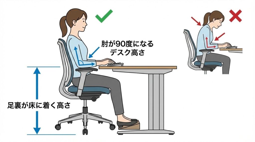 テレワークにおける椅子とデスクの正しい高さ関係を説明するイラスト。足裏が床(またはフットレスト)に着き、肘が90度になる姿勢が正しいことを示し、猫背などの悪い姿勢と対比させています。