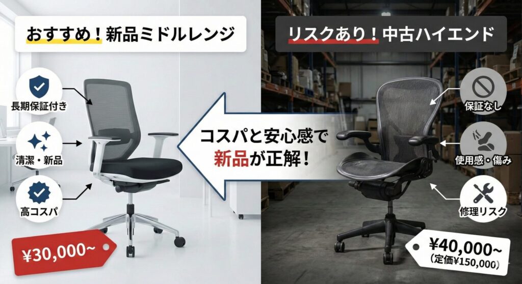 おすすめの「新品ミドルレンジチェア」とリスクのある「中古ハイエンドチェア」を比較する画像。新品は保証付きで清潔感があり、中古は保証がなく傷みがある様子を対比させ、コスパと安心感で新品を推奨するメッセージを伝えている。