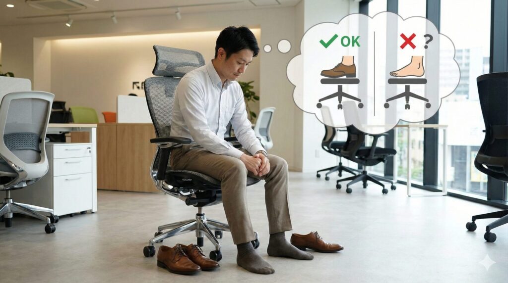 ショールームで靴を脱いで試座し、自宅での座り心地を真剣に確認する日本人。