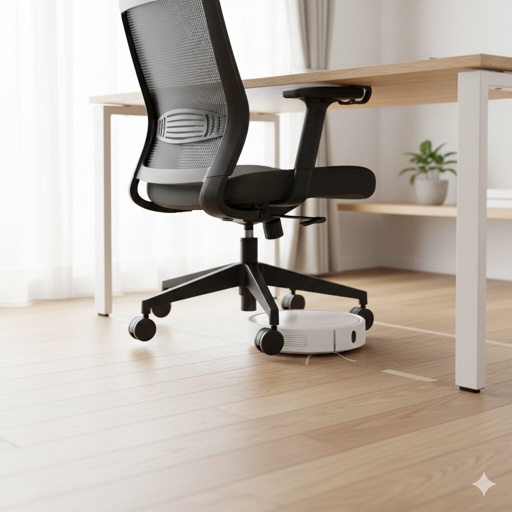 アームレストをデスクの天板に引っ掛けて宙に浮いている状態のオフィスチェア。床には何もなく、ロボット掃除機が障害物なしでスムーズにデスク下を掃除している。明るい日本的な部屋のインテリア。