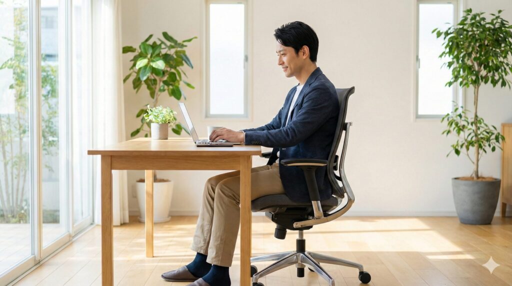 ヘッドレストのない最適な椅子を選び集中して仕事に取り組む日本人