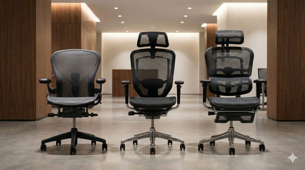 アーロンチェア、コンテッサ、エルゴヒューマンなど、異なる特徴を持つ高機能オフィスチェアの比較イメージ。