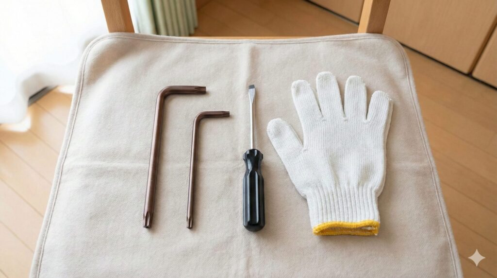 セイルチェアの分解に必要なT40・T20トルクスレンチ、マイナスドライバー、作業用手袋のセット