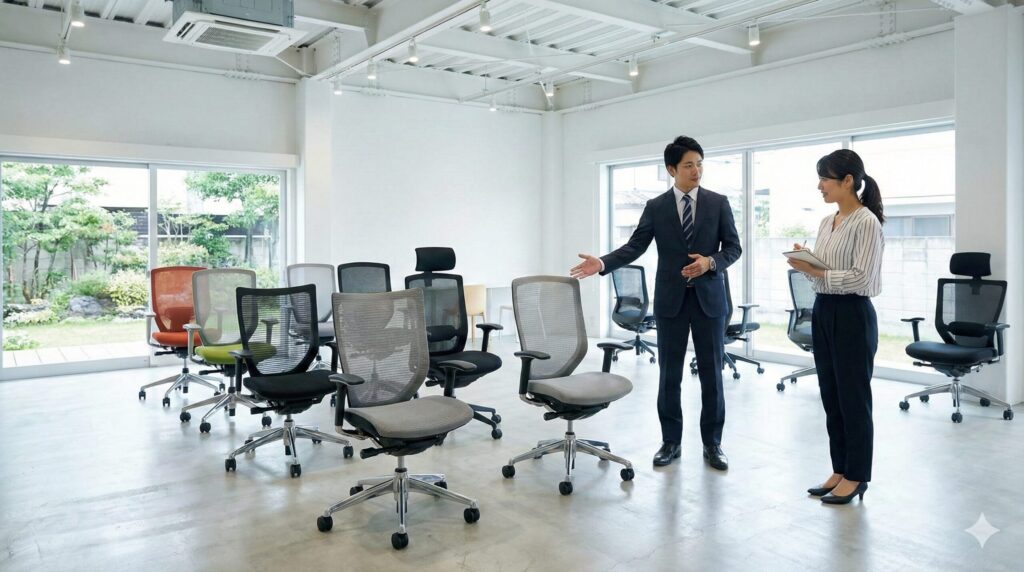 オカムラの公式ショールームで専門スタッフからシルフィーの解説を受ける日本人の様子