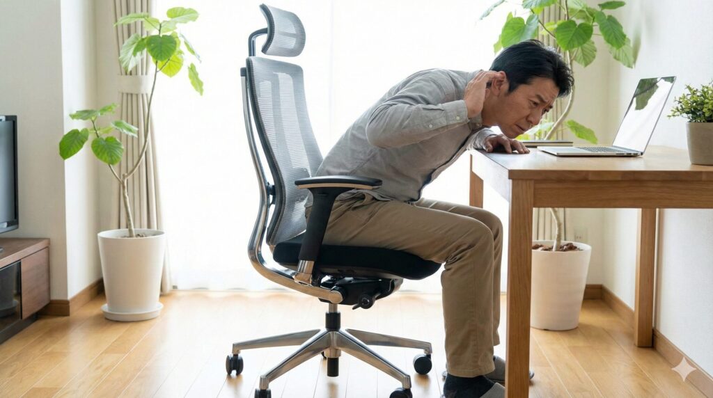 デスクチェアからの異音に耳を傾け、発生源を特定しようとする日本人男性の様子。