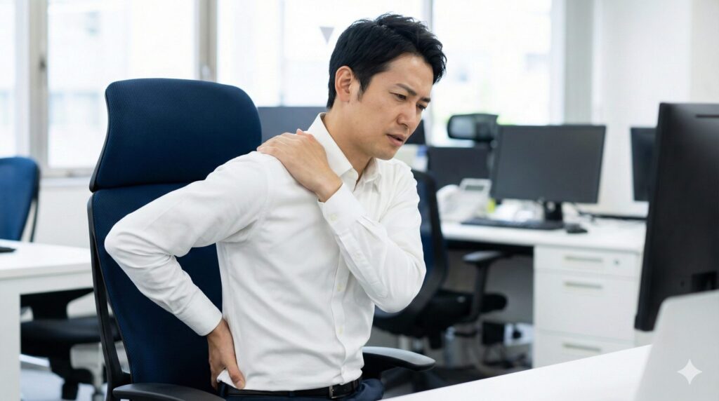 オフィスでオカムラシルフィーの椅子に座り、腰や肩の痛みに顔をしかめる日本人男性の様子。