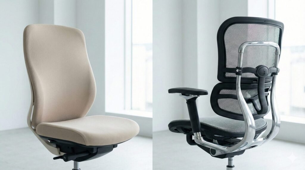 オカムラシルフィーとエルゴヒューマンプロ2の外観比較。柔らかな曲線のシルフィーとメカニカルなエルゴヒューマンのデザインの違い。