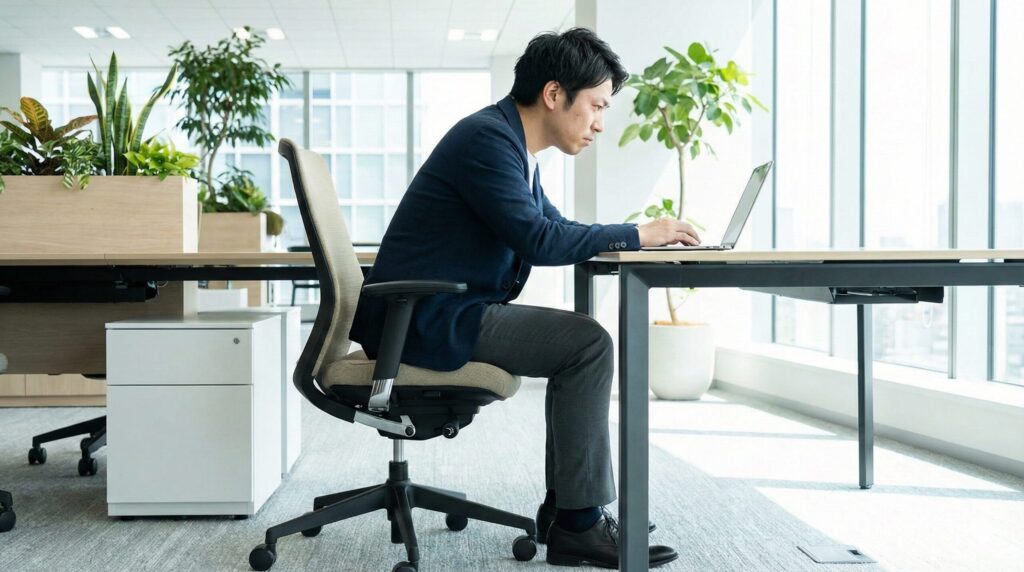 オカムラ・フィノラチェアの前傾チルト機能を使って、前のめりの姿勢でノートPC作業に集中する日本人男性の様子。