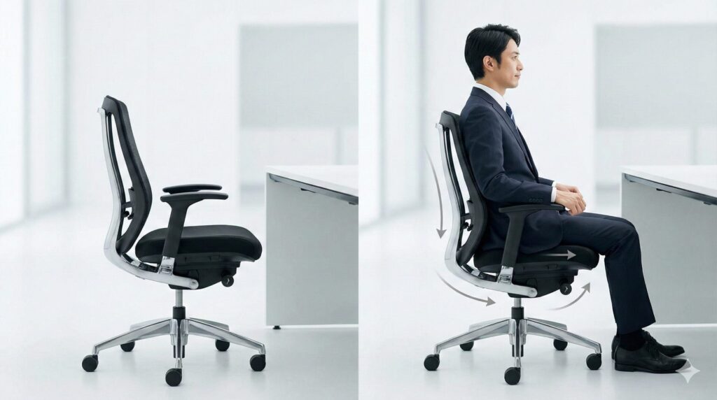 イトーキ スピーナチェアのパッシブスライドシート機構の比較画像。左は空席時、右は着席時に座面が沈み込み後方へスライドしている様子を示す。