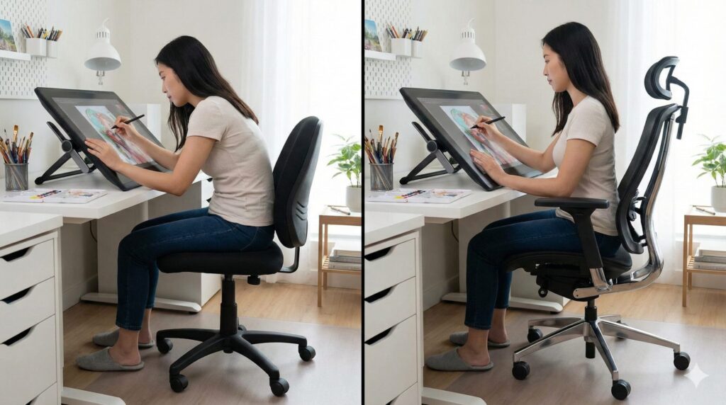 イラスト制作時の悪い姿勢(猫背)と、前傾チルト機能付きオフィスチェアを使用した良い姿勢(背骨のS字カーブ維持)の比較写真。
