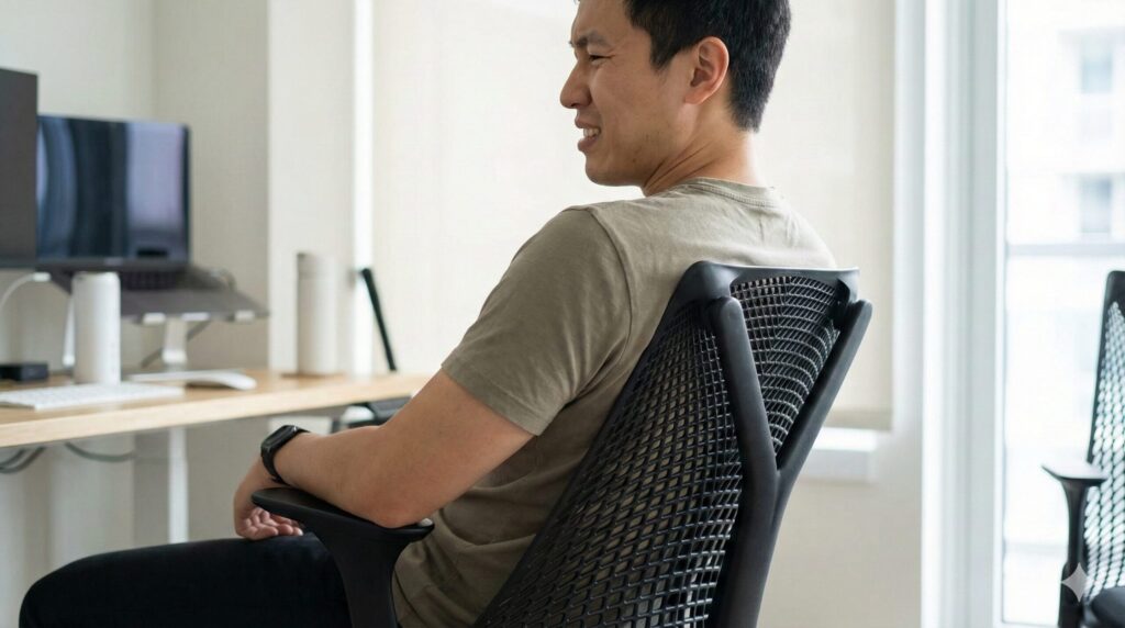 高身長の男性がセイルチェアの背もたれフレームが肩に当たり、座り心地に違和感を感じている様子。後悔するポイントの一つ。