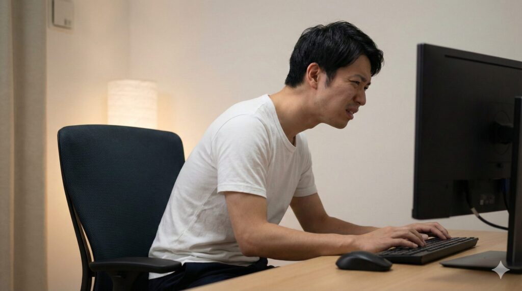 オカムラシルフィーの前傾機能により、リラックスした姿勢が取れず首が疲れている日本人男性の様子。