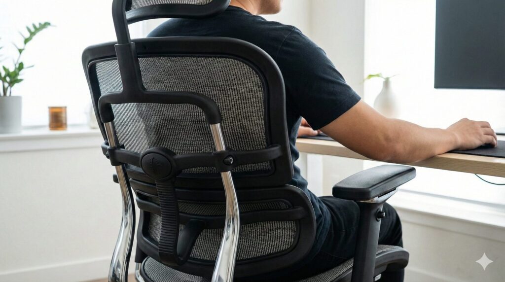 エルゴヒューマン エンジョイ2のステルスランバーサポートが、座っている人の腰椎のS字カーブに合わせてメッシュ背面で優しく包み込むように支えている様子。