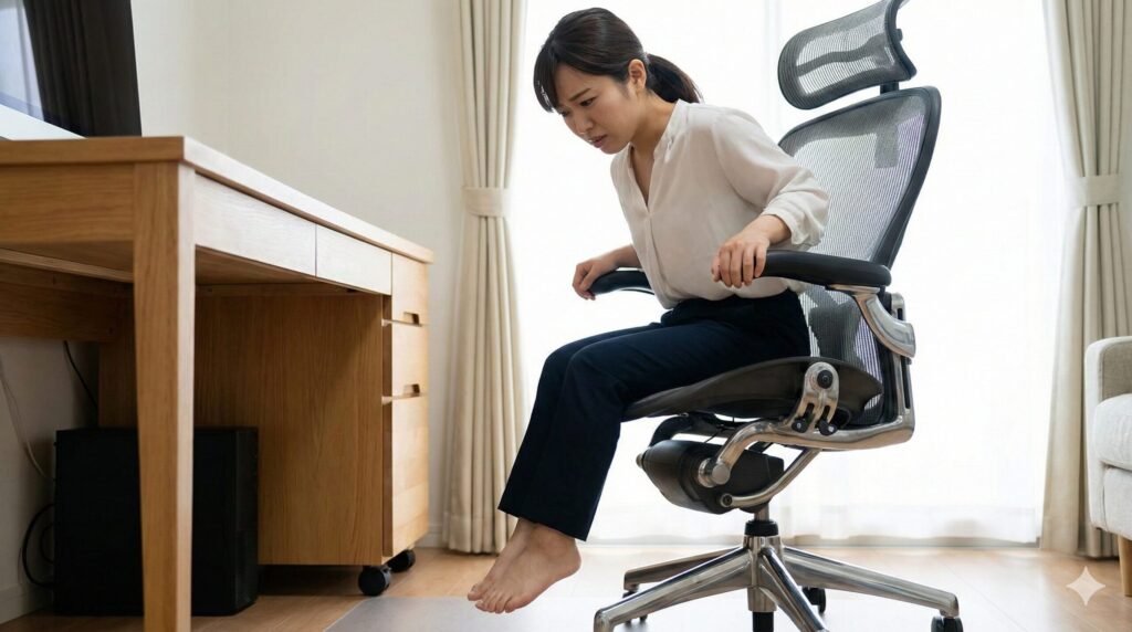 高機能オフィスチェアに深く腰掛けた際、足が床に届かず浮いてしまっている小柄な日本人女性の様子。