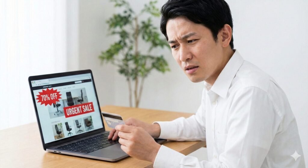 PC画面に表示された怪しげなエルゴヒューマン販売サイトを見つめ、困惑した表情を浮かべる日本人の男性。画面には極端な割引を示す赤いバナーや、信頼性の低そうなデザインが並んでいる。