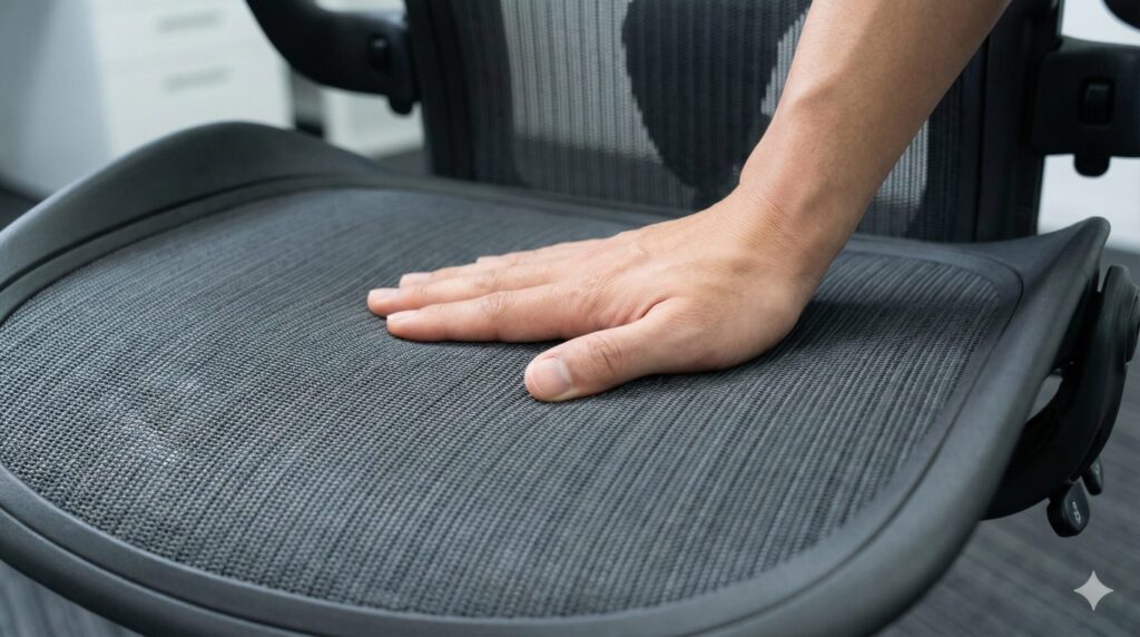 オフィスチェアのメッシュの張りと弾力性を手で確認し、へたり具合をチェックする様子。